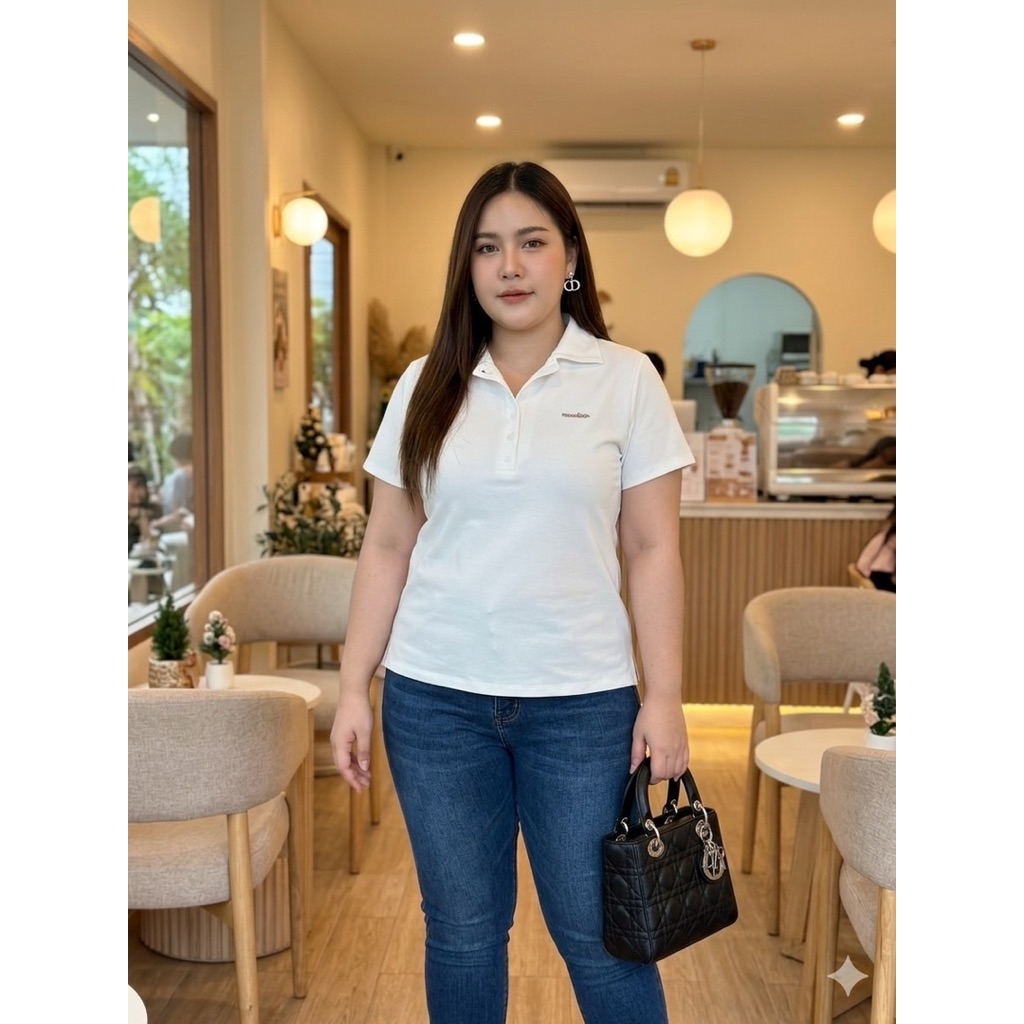 เสื้อยืดคอปกกระดุมจริงติดเหล็กสวยๆสำหรับสาวอวบผ้ายูนิโคล่ยืดเยอะใส่สบาย