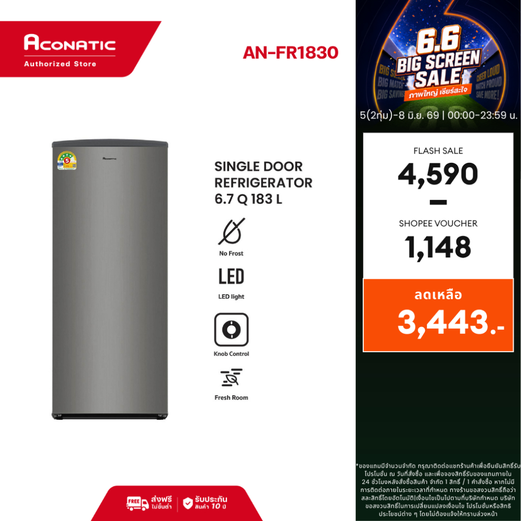 (NEW 2025) Aconatic ตู้เย็น 1 ประตู 6.7Q รุ่น AN-FR1830 สี Grey ระบบ Semi Auto Defrost ชั้นวางกระจกนิรภัย