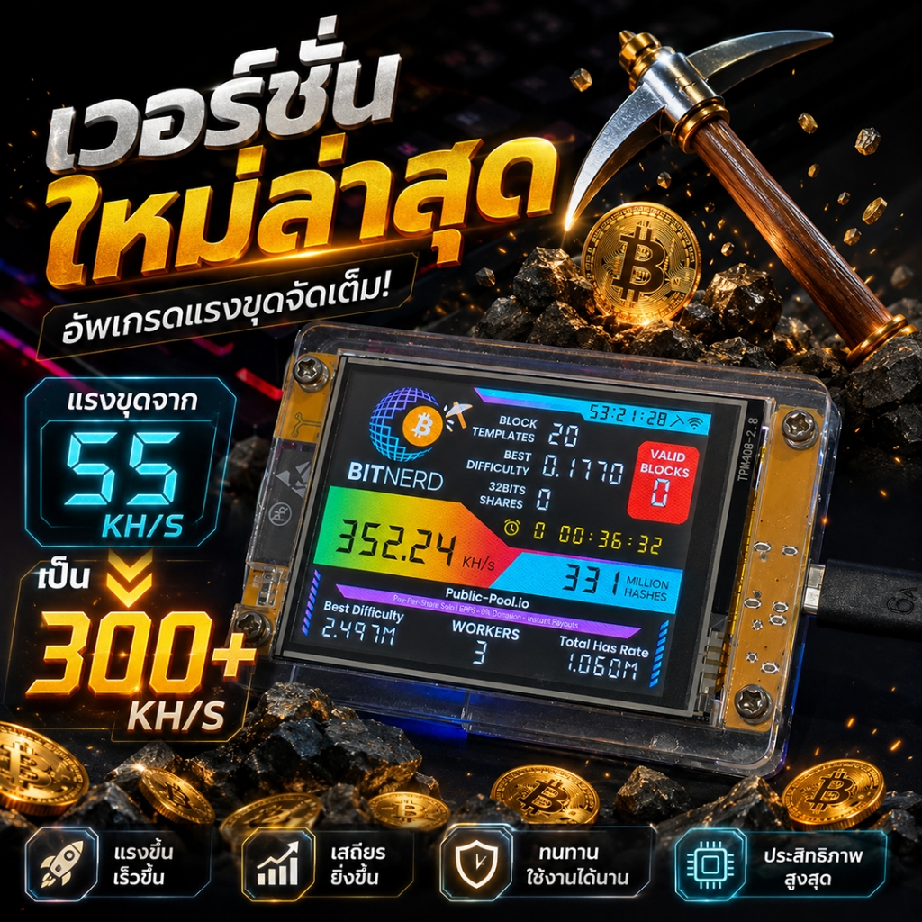 เครื่องขุดบิทคอยน์ NerdMiner จอ 2.8" เปลี่ยนธีมได้ 4 รูปแบบ ขุด Solo Lottery ลุ้น Block 3.125 BTC