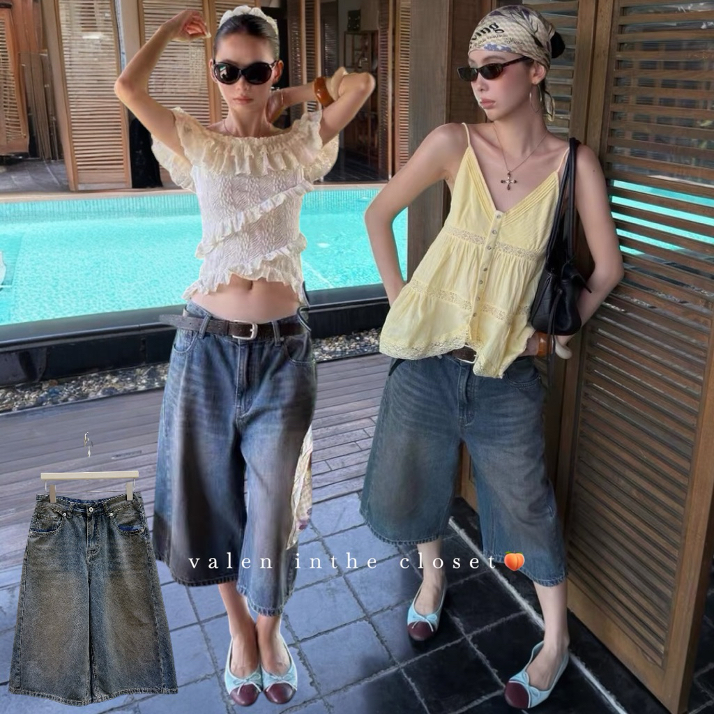 ส่งด่วน 🛵 𝗔𝗨𝗗𝗥𝗘𝗬 𝗗𝗘𝗡𝗜𝗠 𝗦𝗛𝗢𝗥𝗧𝗦 กางเกงยีนส์ขาสี่ส่วนทรงเอวต่ำ ฟอกสีสนิมสวยเก๋ MMFISH