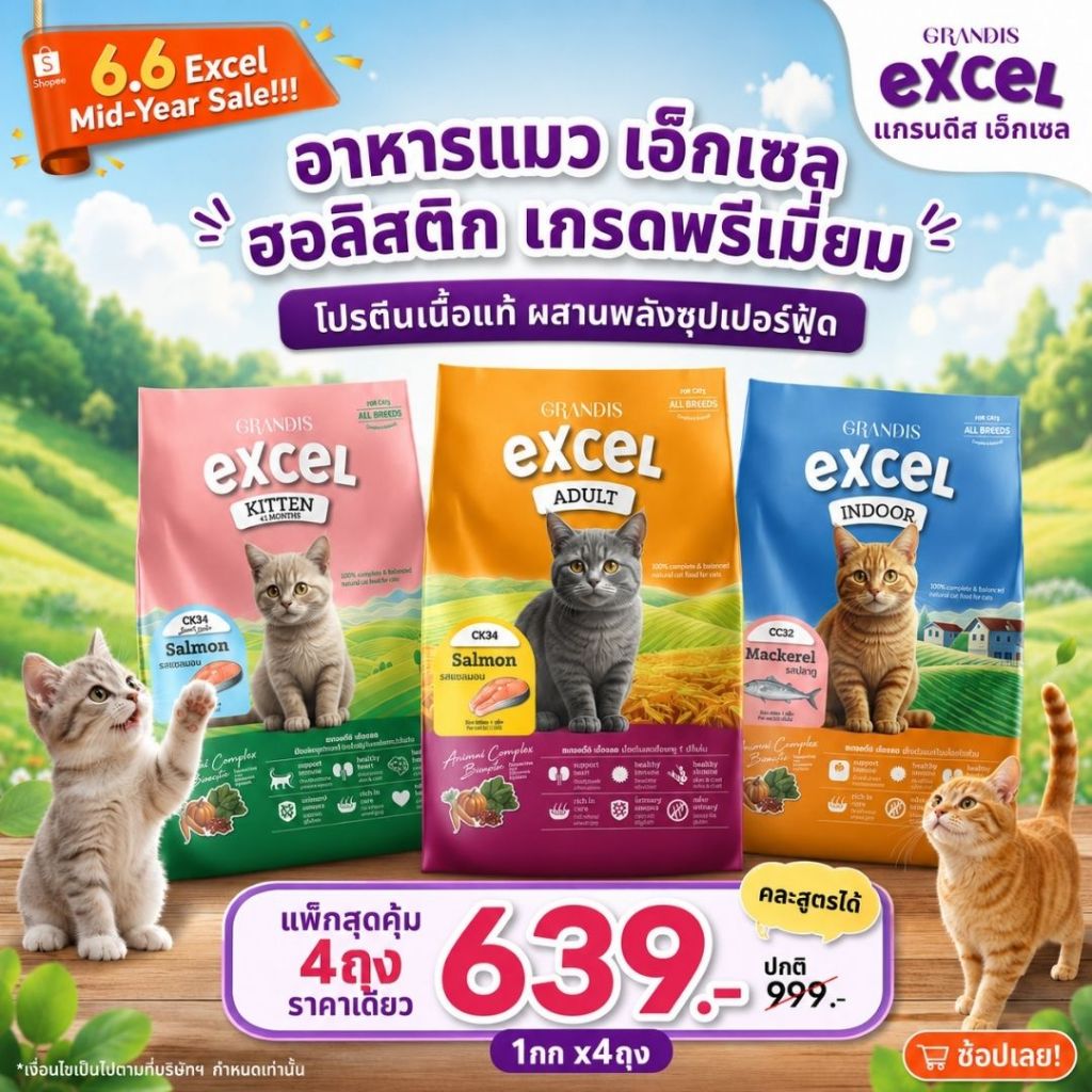 [สุดคุ้มซื้อ 4ถุง ราคาดเียว]  อาหารแมว แกรนดีส เอ็กเซล ฮอลิสติก สูตรลูกแมว/แมวโต/แมวเลี้ยงในบ้าน