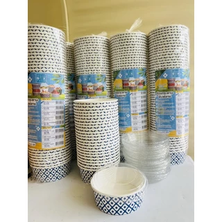 ถ้วยอาหารกระดาษ ลายคราม ยกแพ็ค 25 ชิ้น และ 50 ชิ้น พร้อมฝาปิด ขนาด 750ml.