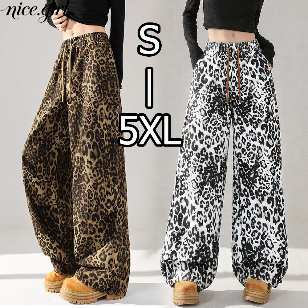 S~5XL White leopard print jeans กางเกงยีนส์ขาตรงเอวสูงพิมพ์ลายเสือดาวอินเทรนด์ การออกแบบแถบยางยืด กางเกงยีนส์ทรงตรงหลวม