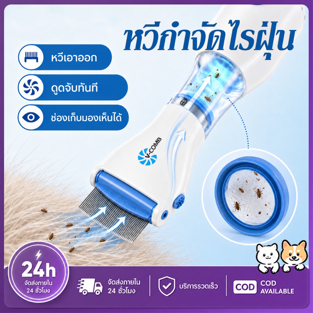 PETWELL หวีไฟฟ้ากำจัดเหา หวีดูดเหา หวีสางเหา เสียบปลั๊กและใช้งา ใช้ได้ทั้งคนและสุนัข