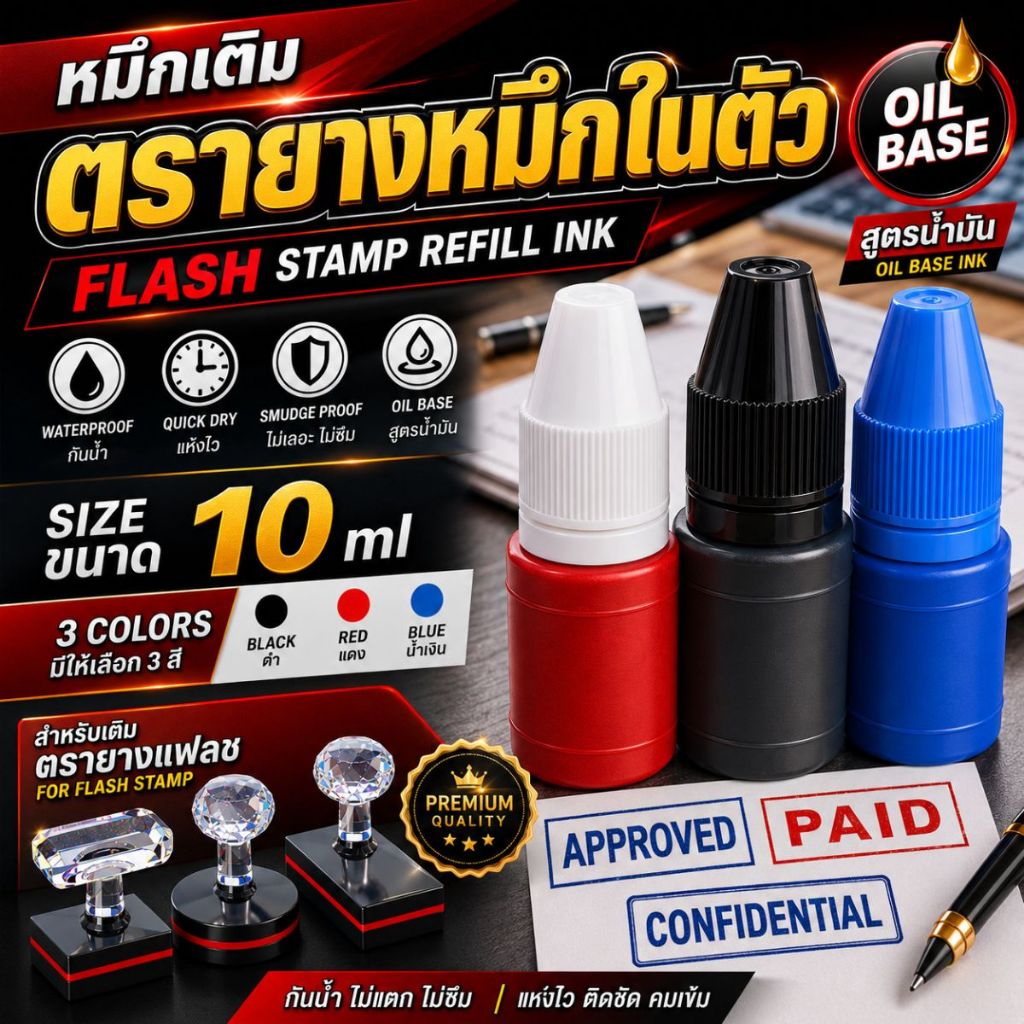 หมึกเติมตรายางแฟลช 10ml สีคมชัด แห้งไว ปั๊มติดทน เติมตรายางหมึกในตัว เลือกสีได้ ดำ แดง น้ำเงิน