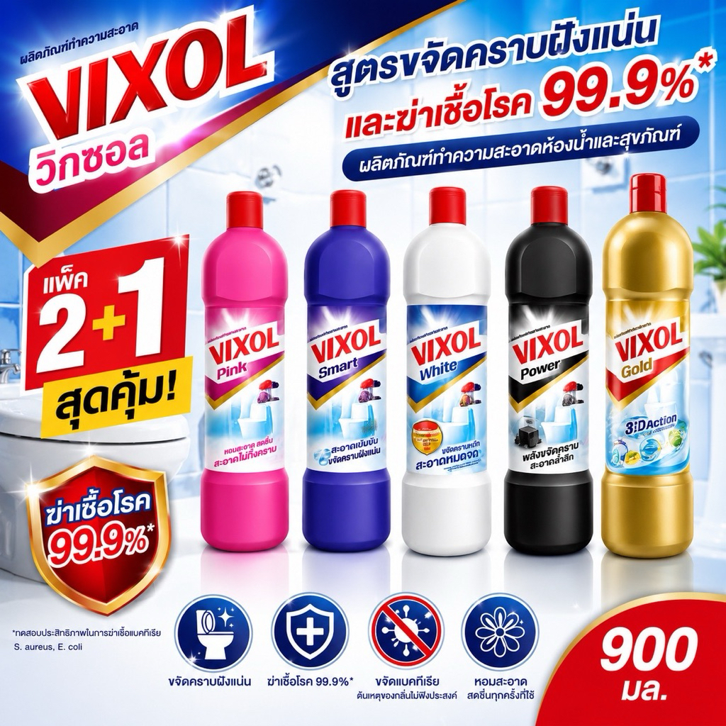 (แพ็ค 3 ขวด) Vixol วิกซอล น้ำยาล้างห้องน้ำ ผลิตภัณฑ์ล้างห้องน้ำ ขวดละ 900 มล. ฆ่าเชื้อแบคทีเรียได้ 99.9%