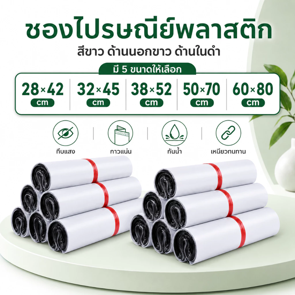 ซองไปรษณีย์พลาสติก สีขาวด้านในดำ แพ็ค100ใบ ถุงพัสดุ ถุงไปรษณีย์ กันน้ำ แถบกาวในตัว หลายขนาด 28x42-60x80cm