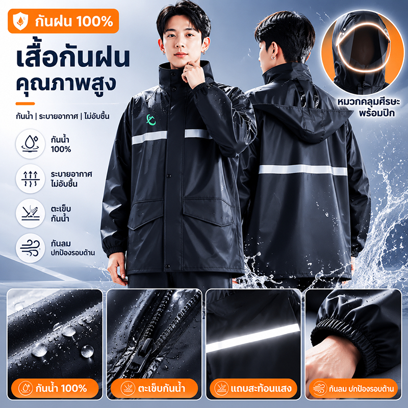🛵เสื้อกันฝน ชุดกันฝนมอเตอร์ไซค์ กันลมกันฝน แถบสะท้อนแสง ระบายอากาศดี ผ้านุ่มใส่สบาย สีดำสไตล์พรีเมียม