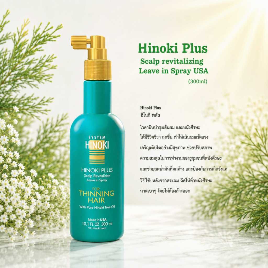 ็Hinoki Plus Scalp revitalizing Leave in Spray USA (300ml) ฮิโนกิพลัส ไวตามินบำรุงเส้นผมและหนังศรีษะเส้นผมแข็งแรง