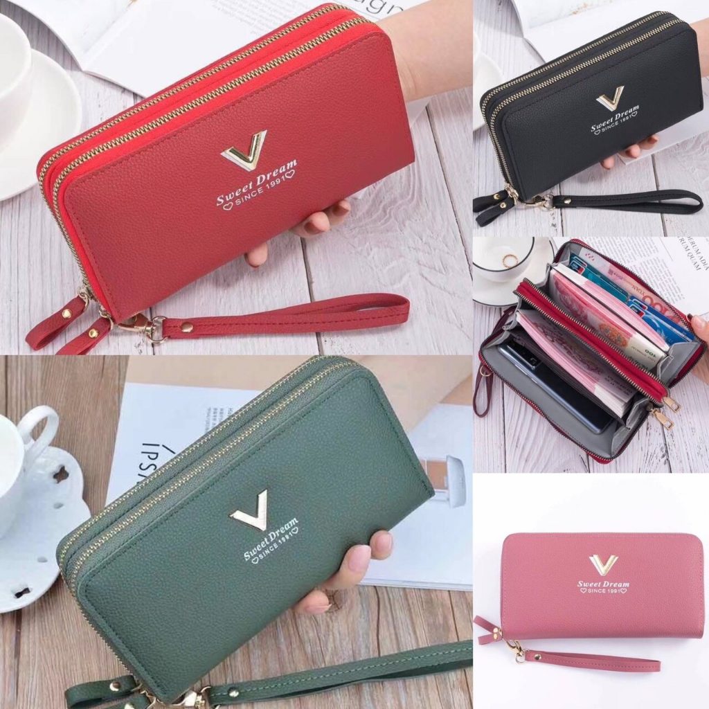 (GC-001)  กระเป๋าสตางค์ใบยาว 2 ซิป โลโก้ V  มีหลายสีให้เลือก