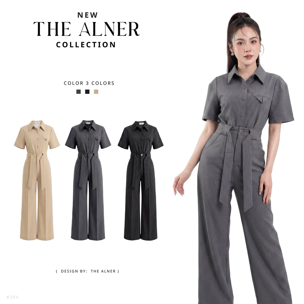 Thealner-AN384 (เซตเสื้อลายริ้วคอปกแขนสั้นกางเกงขายาว)