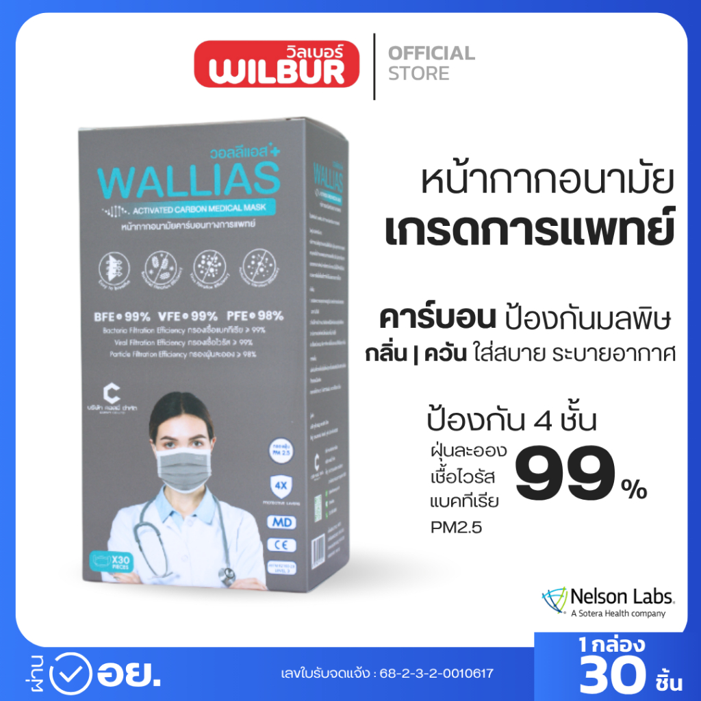 หน้ากากอนามัยคาร์บอน (ยี่ห้อวอลลีแอส) wallias หนา 4 ชั้น  Activated Carbon Medical Mask แมสก์คาร์บอน  ป้องกันฝุ่น PM 2.5