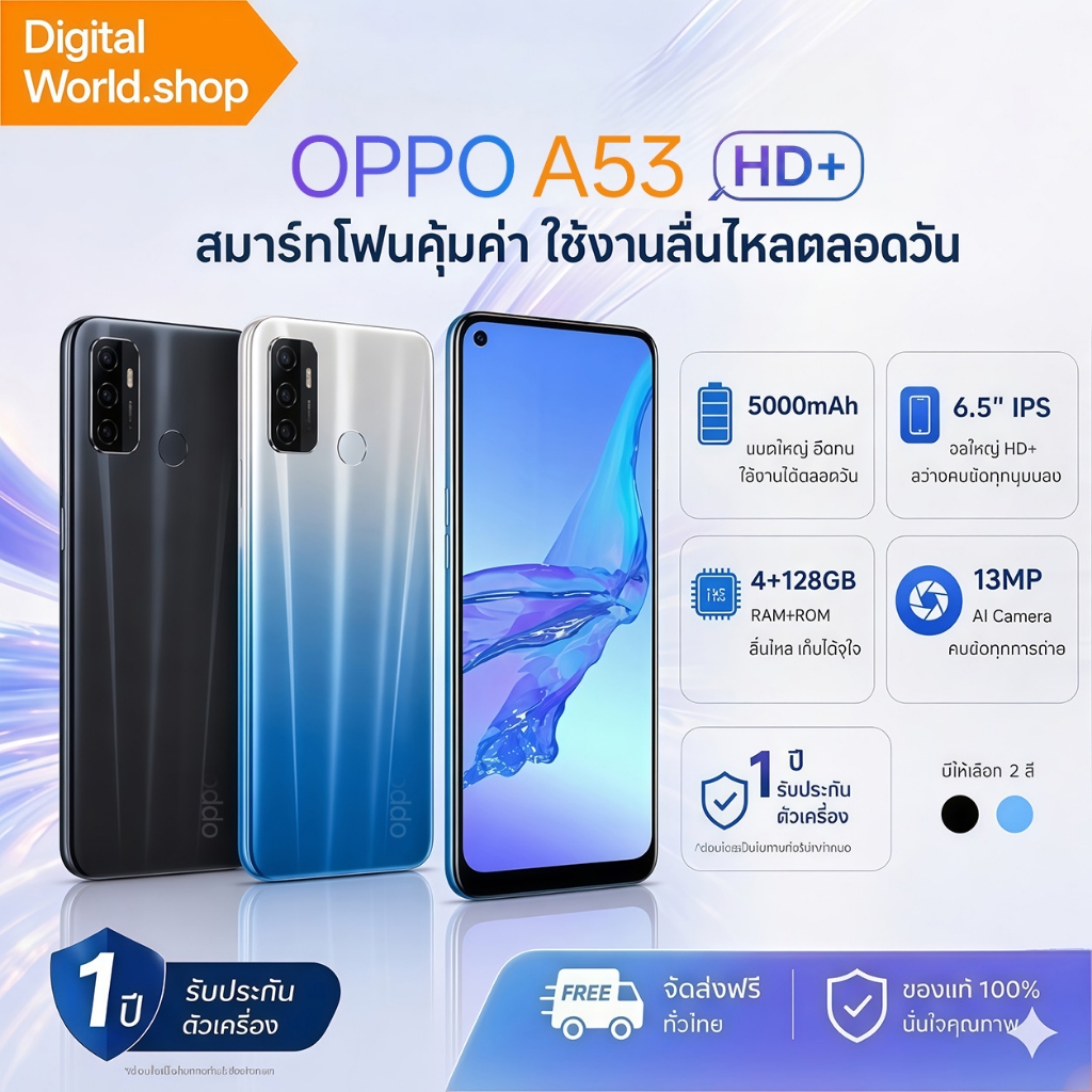 Oppo A53  ROM 128GBจอแสดงผล HD ขนาด 6.5 นิ้ว แบตเตอรี่ความจุ 5000mAh แถมเคสโทรศัพท์และฟิล์มกระจกนิรภัยฟรี