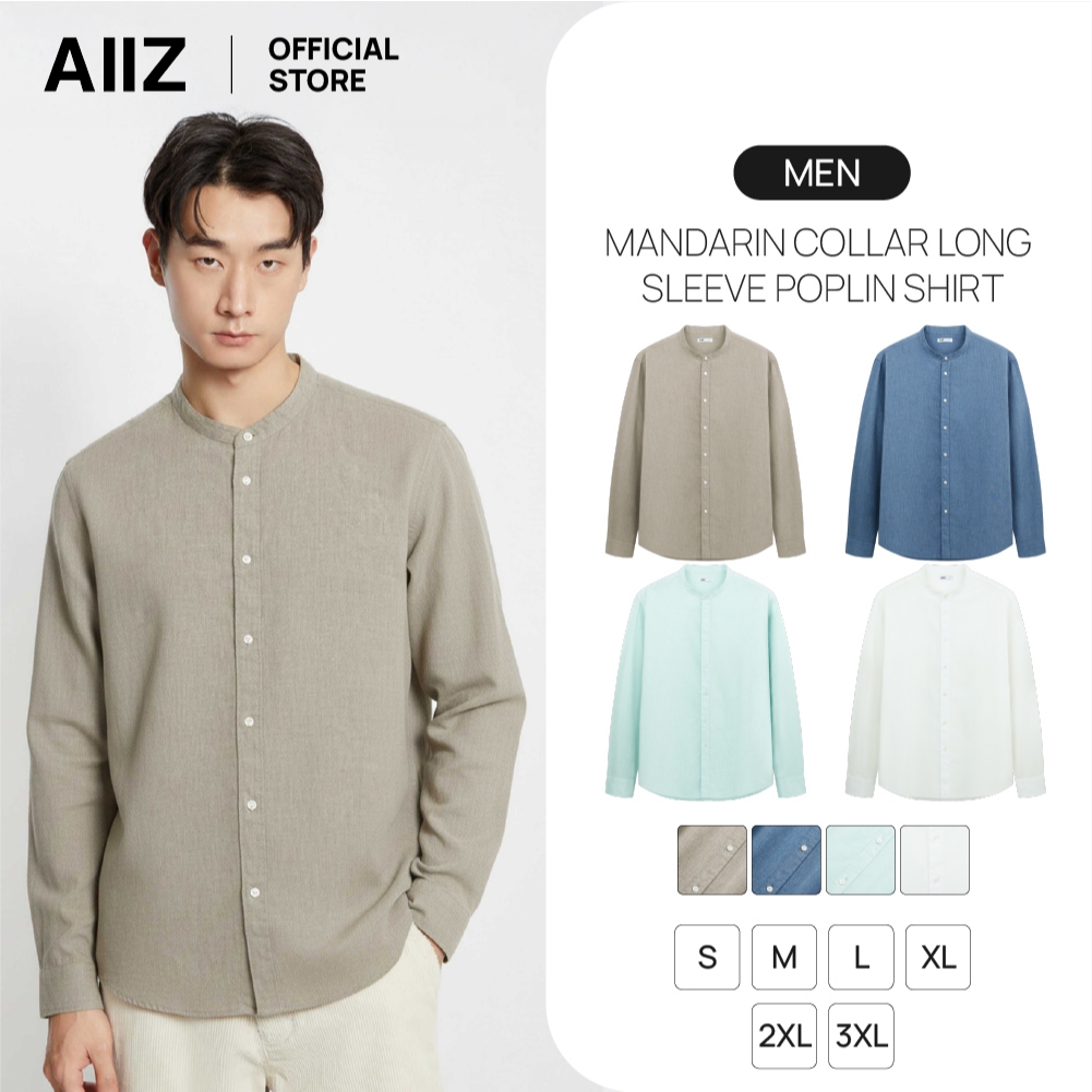 AIIZ (เอ ทู แซด) - AIIZ เสื้อเชิ้ตผู้ชายแขนยาวคอจีนผ้าป๊อปลิน AIIZ Men’s Mandarin Collar Long Sleeve Poplin Shirt