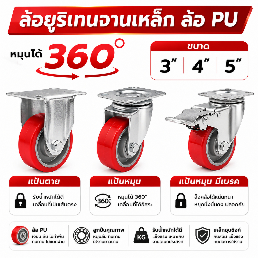 ล้อยูริเทนจานเหล็ก ล้อ PU 3 นิ้ว , 4 นิ้ว , 5 นิ้ว แบบแป้นหมุน , แบบขาตาย , แบบแป้นหมุนมีเบรค