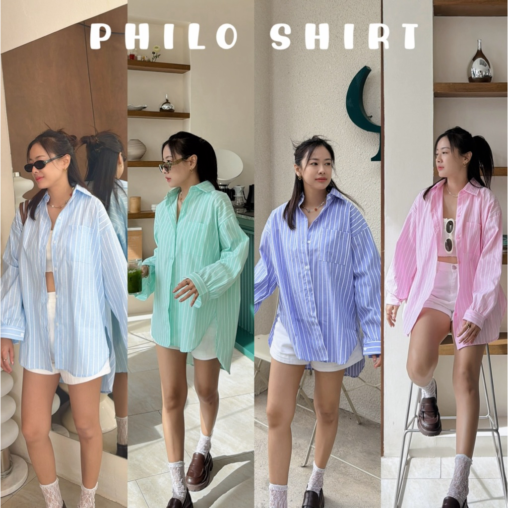 ใหม่ ! 𝗣𝗛𝗜𝗟𝗢 𝗦𝗛𝗜𝗥𝗧 เชิ้ตแขนยาวทรงโอเวอร์ไซส์ ลายทางพรางหุ่น ผ้าcotton ลินิน กระเป๋าหน้า1ใบ