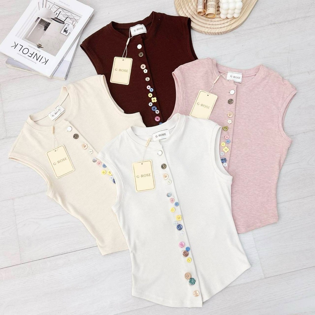 G-Rose 💖New Collection 💖เสื้อแขนกุดสีพื้นแต่งกระดุมหน้ายาวหลากสีโทนสีคัลเลอร์ฟูลสุดๆทรงเสื้อคัดติ้งเนี๊ยบ