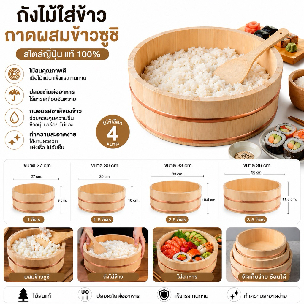 ถังไม้ใส่ข้าว ชามไม้ซูชิแบบญี่ปุ่น ถาดผสมข้าว ถาดไม้สนใช้ในครัว สินค้าพร้อมส่ง