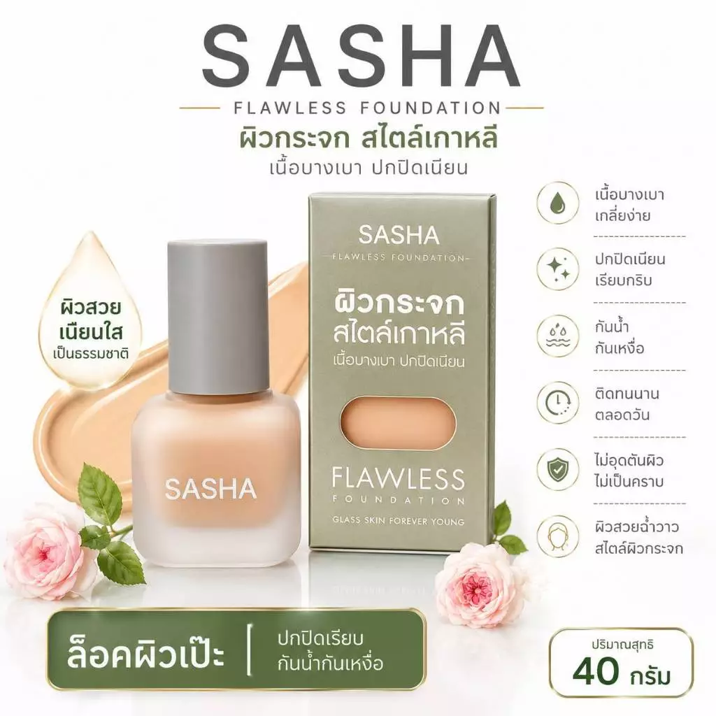 Sasha รองพื้น สไตล์เกาหลี Flawless Foundation ผิวกระจก ฉ่ำน้ำ บางเบา ปกปิด เรียบเนียน คุมมัน ซาช่า