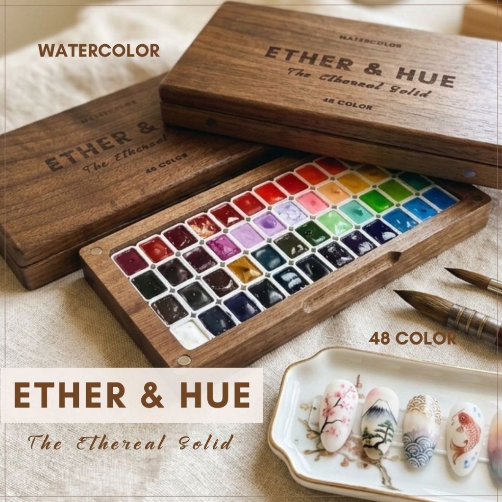 (ETHER&HUE) The Ethereal Solid 48สี  สีน้ำทำเล็บ ทำลายหินอ่อน ดอกไม้ งานอาร์ต เนื้อสีเนียน เม็ดสีแน่นชัด