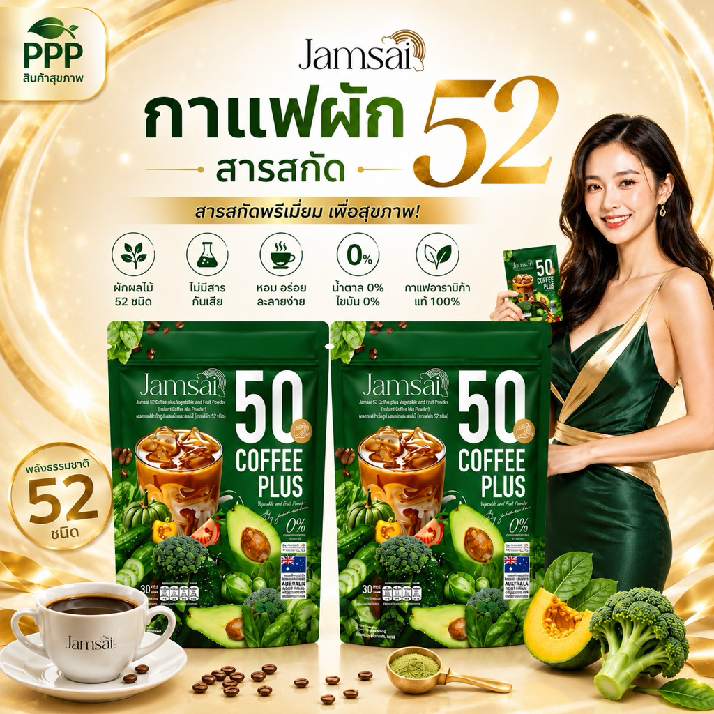 1 แถม 1 กาแฟผัก 50 ชนิด กาแฟสุขภาพ☕️🥝🍊🥑ตราแจ่มใส Jamsai 50 Coffee Plus(ห่อละ 30 ซอง)น้ำตาล 0% ไขมัน 0%