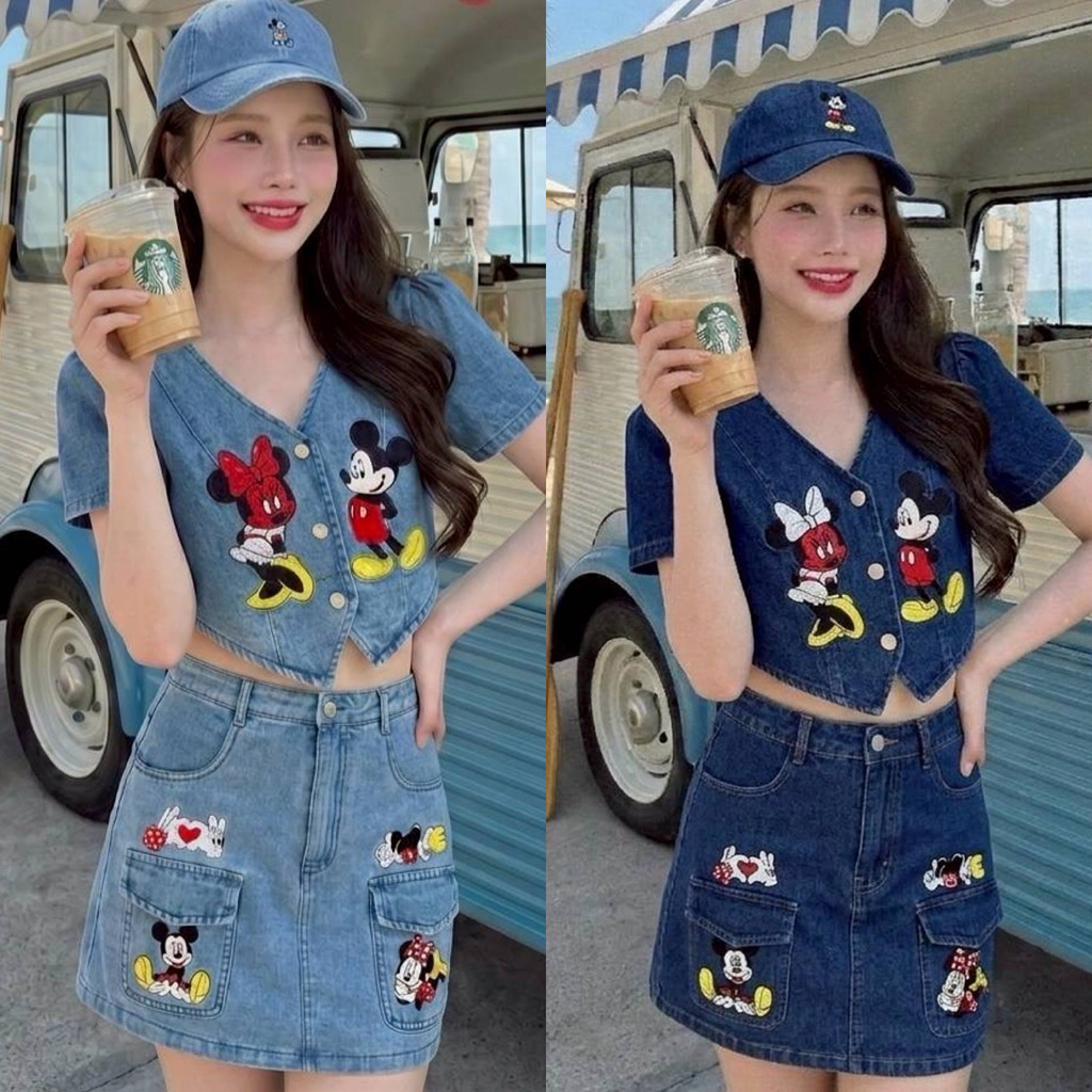 (ปกติ อก.5 ลงได้) ชุดยีนส์ เสื้อ+กระโปรง ผ้ายีนส์ งานปัก มิกกี้เมาส์ งานป้าย si-am