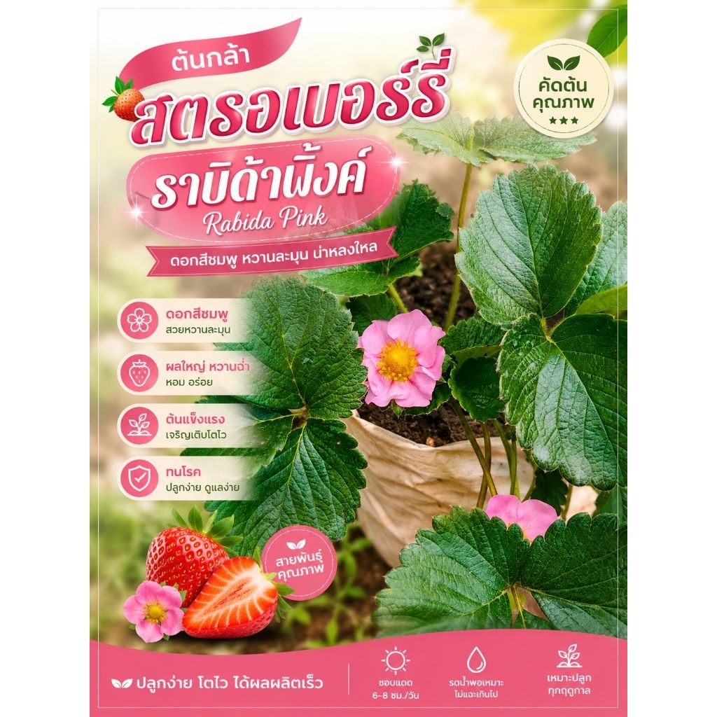 ต้นกล้าสตรอเบอร์รี่🍓🍓พันธุ์ราบี้ด้าพิ้งค์🌸🌸