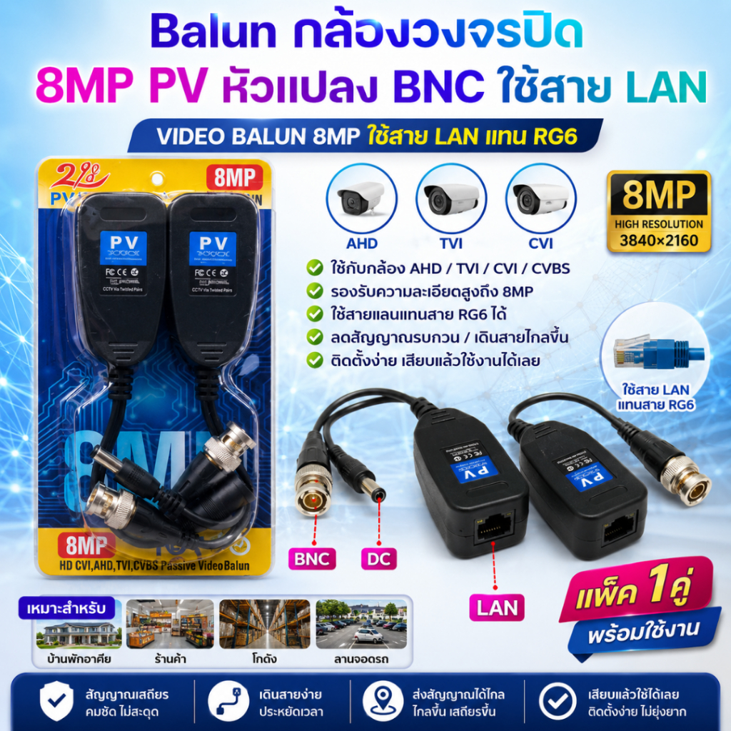 GLINK Video Balun 8MP PV กล้องวงจรปิด หัวแปลง BNC ใช้สาย LAN แทน RG6 รองรับ AHD/TVI/CVI