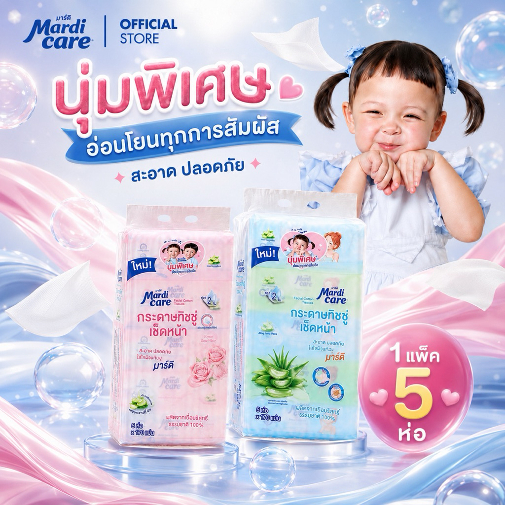 ( 1 หิ้ว )✨🤍MardiCare กระดาษทิชชู่เช็ดหน้าโซล โมเน่ ( 1 แพ็ค : 5 ห่อ) แบบหนา 2 ชั้น 170 แผ่น