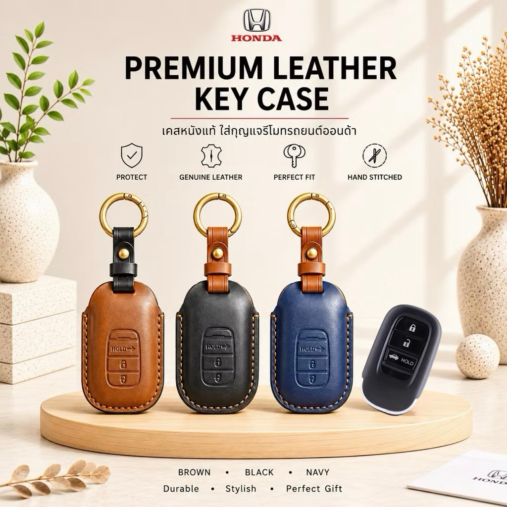 ซองหนังแท้ ใส่กุญแจรีโมทรถยนต์ รุ่นหนังกลับ All-new Honda CR-V,HR-V 2022-26 Smart Key 3 ปุ่ม