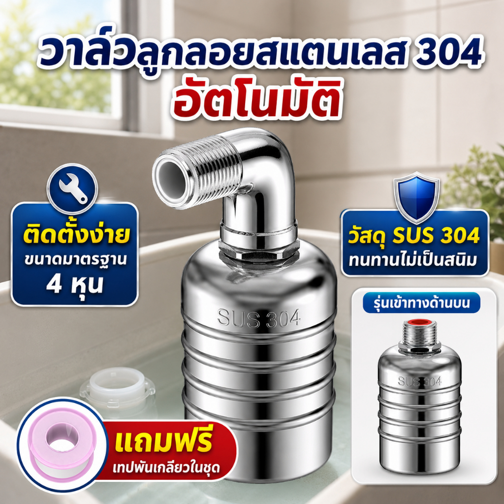 วาล์วลูกลอยตัดน้ำอัตโนมัติ 1/2" สแตนเลส304 หยุดน้ำเมื่อเต็ม ทนร้อน ใช้ถังน้ำ พร้อมส่ง
