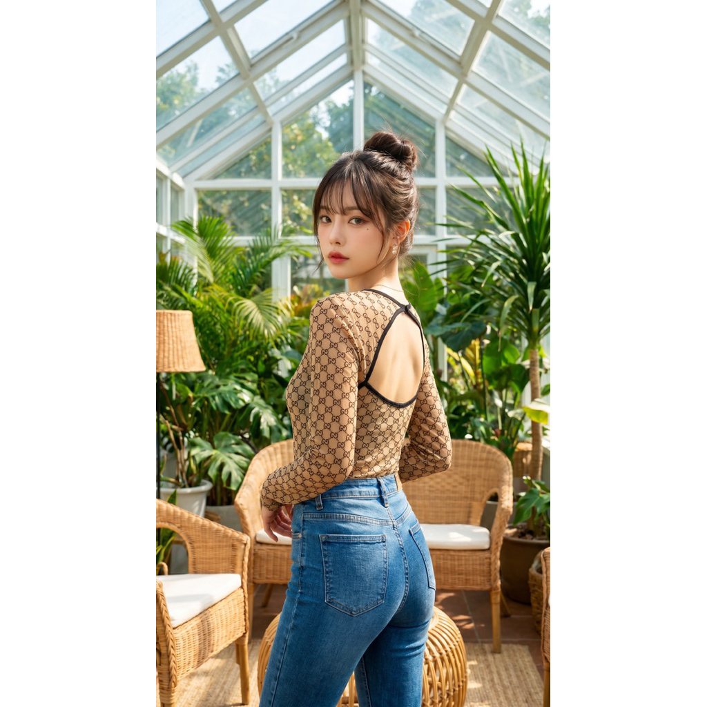 NICHA online Bodysuit แขนยาว เต้านมซีทรู เว้าหลังปลิ้นลายGGแซ่บๆ
