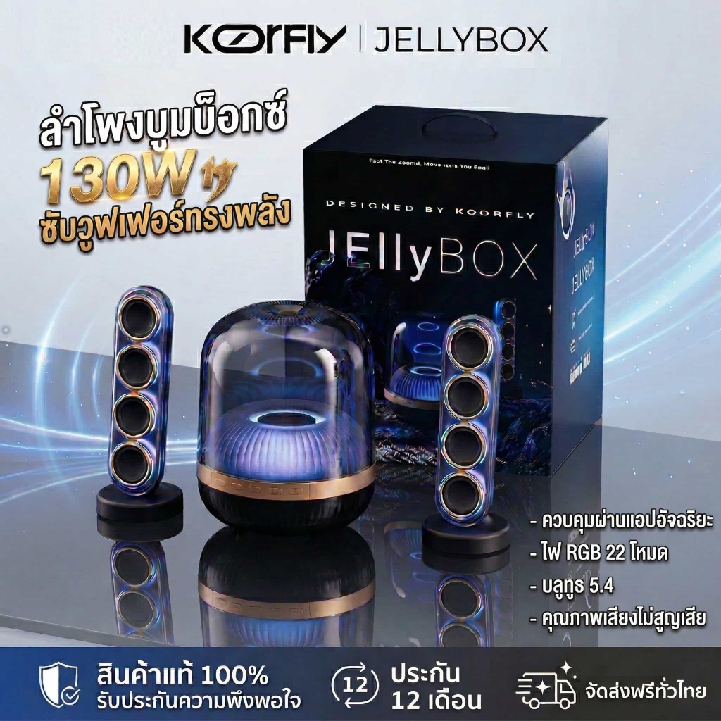 JellyBox 130W ลำโพงพกพา 360° 9 ไดรเวอร์ RGB 22 โหมด ควบคุมแอป EQ ปรับเองได้ AUX/USB/TF รับประกัน 12 เดือน
