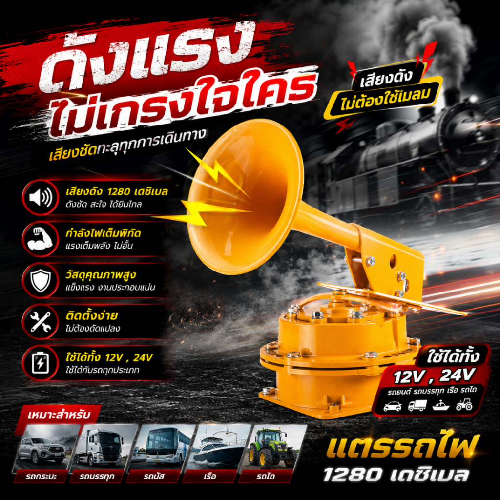 แตรลม ไฟ้า แตรลม รถบรรทุก แตรรถไฟ 12V 24V ใช้ได้กับรถบรรทุก รถสิบล้อ รถคอก ไม่ต้องใช้ปั๊มลมแตร ติดตั