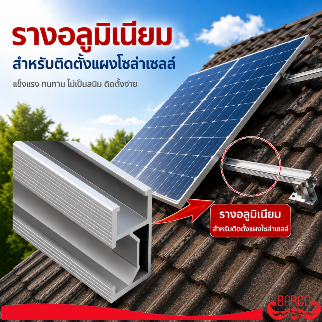 BARCO รางอลูมิเนียม สำหรับติดตั้งแผงโซล่าเซลล์ สีชุบขาว ยาว 2.1 2.2 2.3 2.4 เมตร