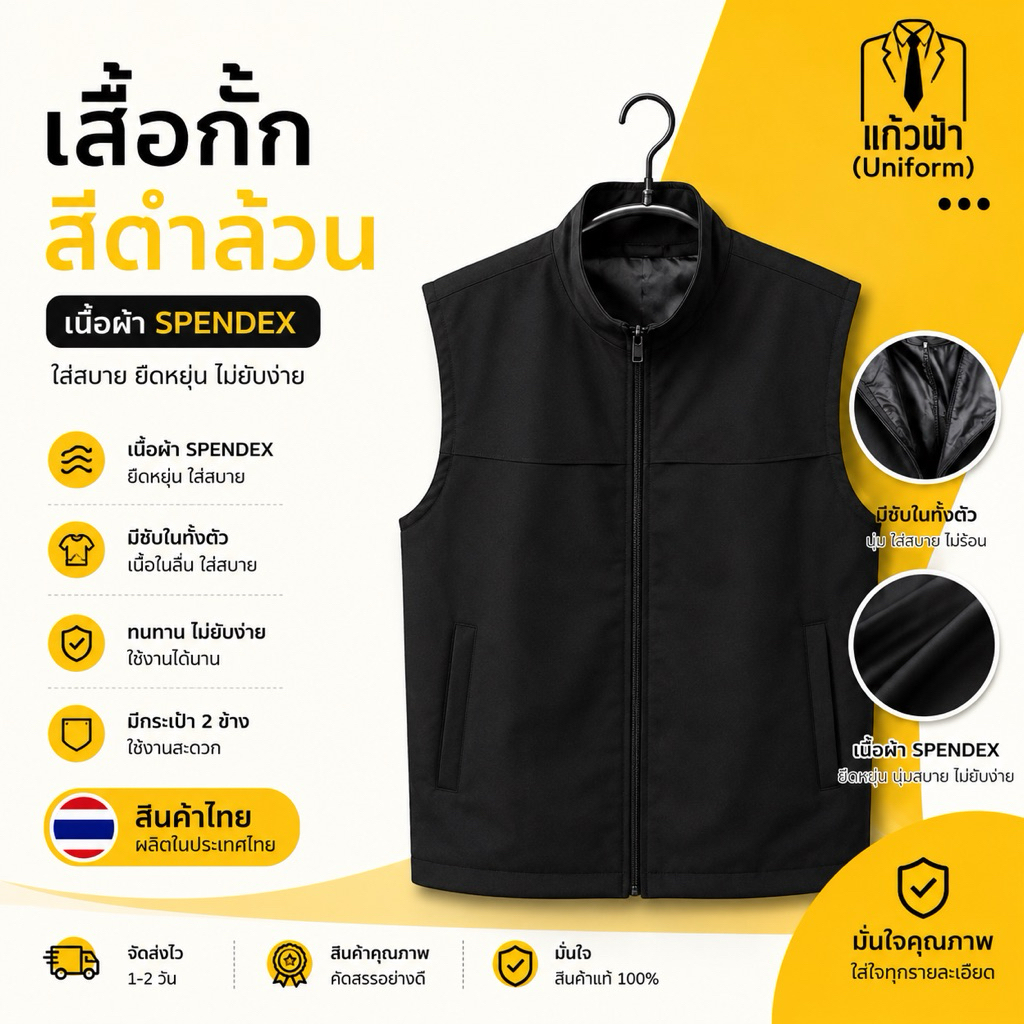 เสื้อกั๊กสีดำล้วน มีซับในทั้งตัว สินค้าผลิตในไทย มีสินค้าพร้อมส่ง