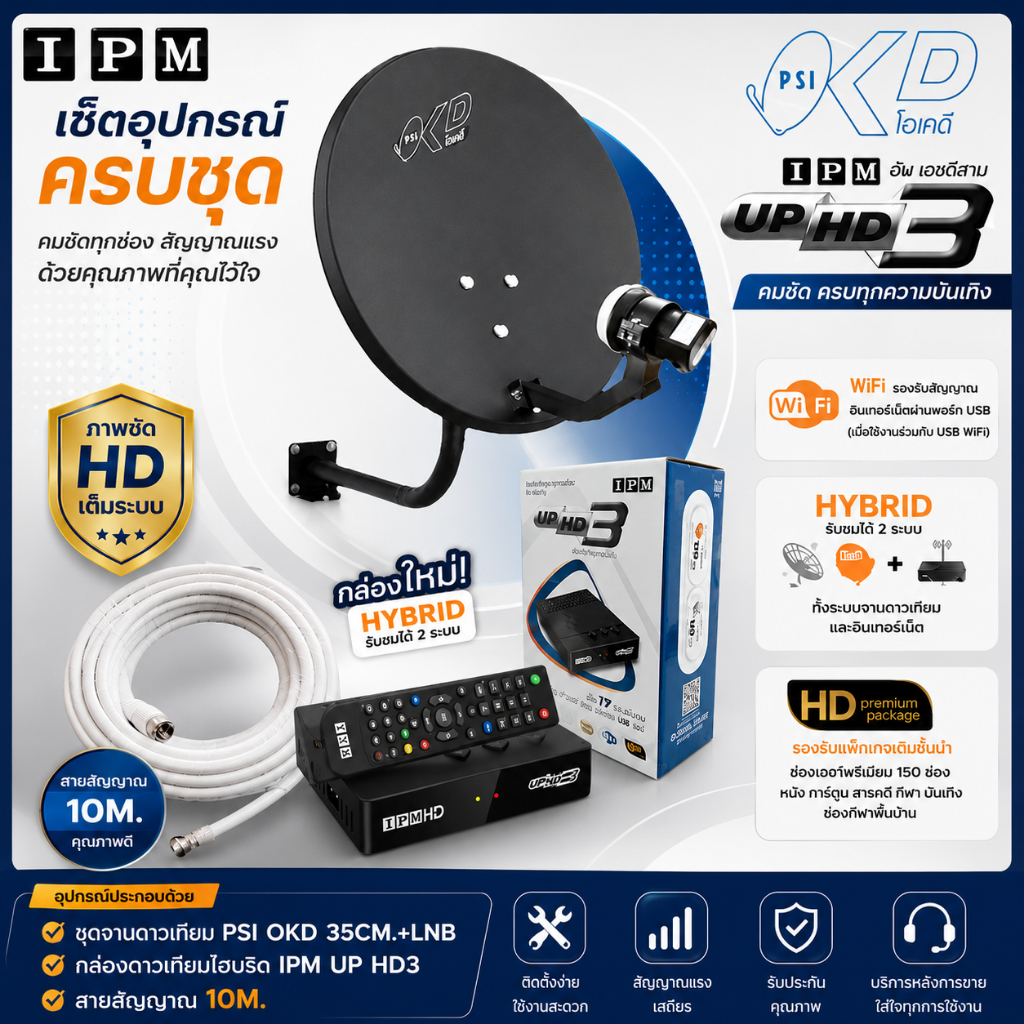 ชุดพร้อมใช้ IPM UP HD3+จานดาวเทียม PSIOKD 35 CM.+สาย RG6.10M พร้อมหัวFหัวท้าย