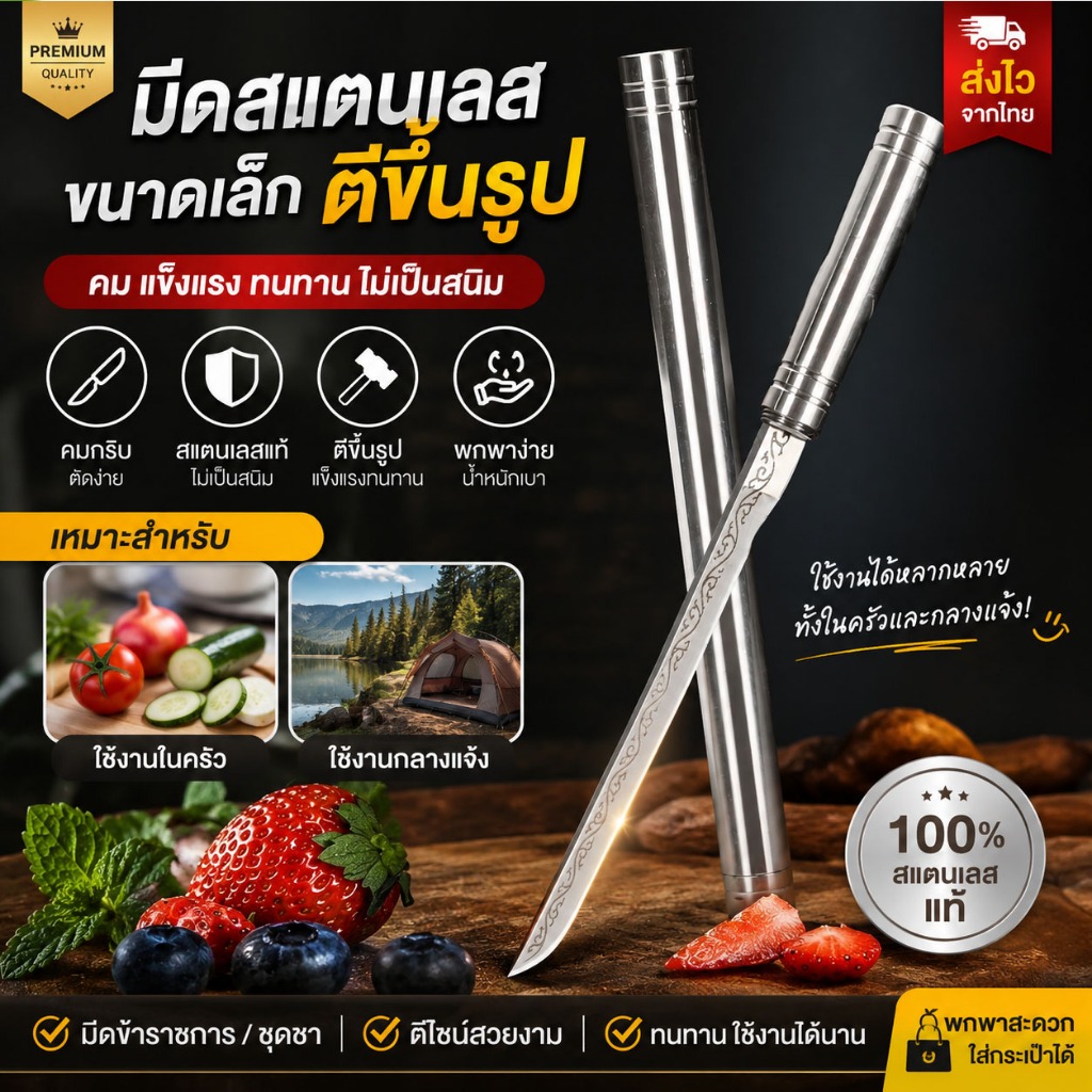 มีดสแตนเลสขนาดเล็กแบบตีขึ้นรูป มีดข้าราชการชุดชา ใช้ในครัวและกลางแจ้ง สามารถพกพาได้