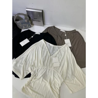 M2177 เสื้อคอวีแขนสามส่วน ดีไซน์รูดหน้าเอวเก๋ๆ ใส่แล้วดูมีเอวมีเชพทันที โทนสีเอิร์ธโทนสุดเบสิค