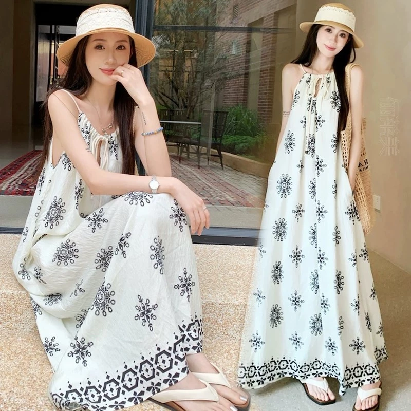 เดรสยาวสายเดี่ยว ลายดอกไม้ เรียบหรู ลุคคุณหนู ทรงปล่อยหลวมๆ แม็กซี่เดรส ใส่ไปทะเล เที่ยวคาเฟ่ ถ่ายรูปสวย แพงมาก