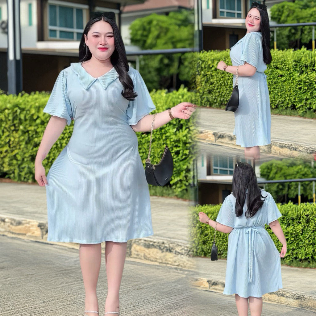 S217เดรสคอวีผ้ายืดอัดพลีท มีโบว์ผูกเอวหลัง มีไซส์ XL 2XL รอบอก 44-64นิ้ว สำหรับสาวอวบใส่เที่ยวหรือออกงานได้