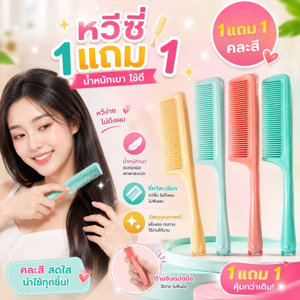 1 แถม 1 หวีซี่ หวีผมลายการ์ตูน สีสันน่ารัก คละสี