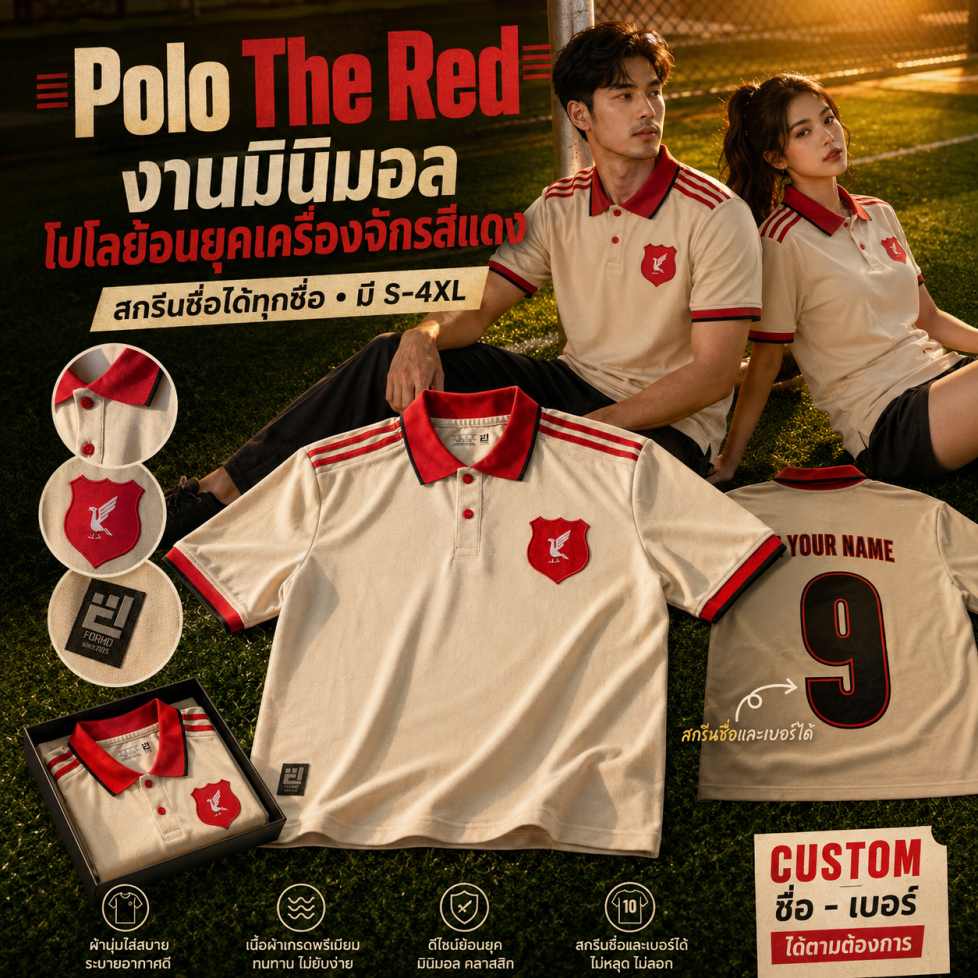 เสื้อฟุตบอล เดอะเรด ทรงคอปก โปโลสีครีม สกรีนเบอร์ชื่อได้ สินค้าส่งจากไทย มีไซด์ใหญ่ S-4XL The Red Polo Vintage Jersey 19