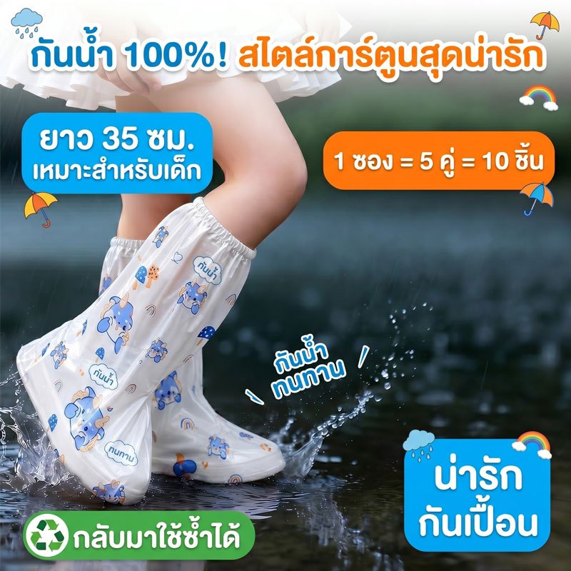 ถุงคลุมรองเท้ากันน้ำ ถุงรองเท้ากันฝน ถุงรองเท้า วัสดุPe กันน้ำ กันรองเท้าเปียก สวมใส่ง่าย 10 ชิ้น=5คู่ ลายน่ารัก