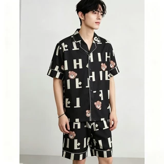 ชุดนอนสไตล์พรีเมียมเสื้อเชิ้ตมีลายพิมพ์ สวมข้างนอกได้ ผ้าไหมอิตาลี สบายผิว ระบายอากาศ ไม่อึดอัด ดูหรูหรา