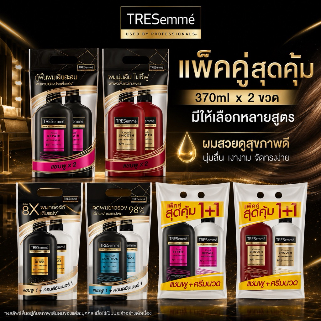 (แพ็คคู่ 2 ขวด)Tresemme เทรซาเม่ แชมพู + ครีมนวด 370ml / 380ml แชมพูสระผม แข็งแรง เรียบลื่น ลดผมชี้ฟู (2PCS)