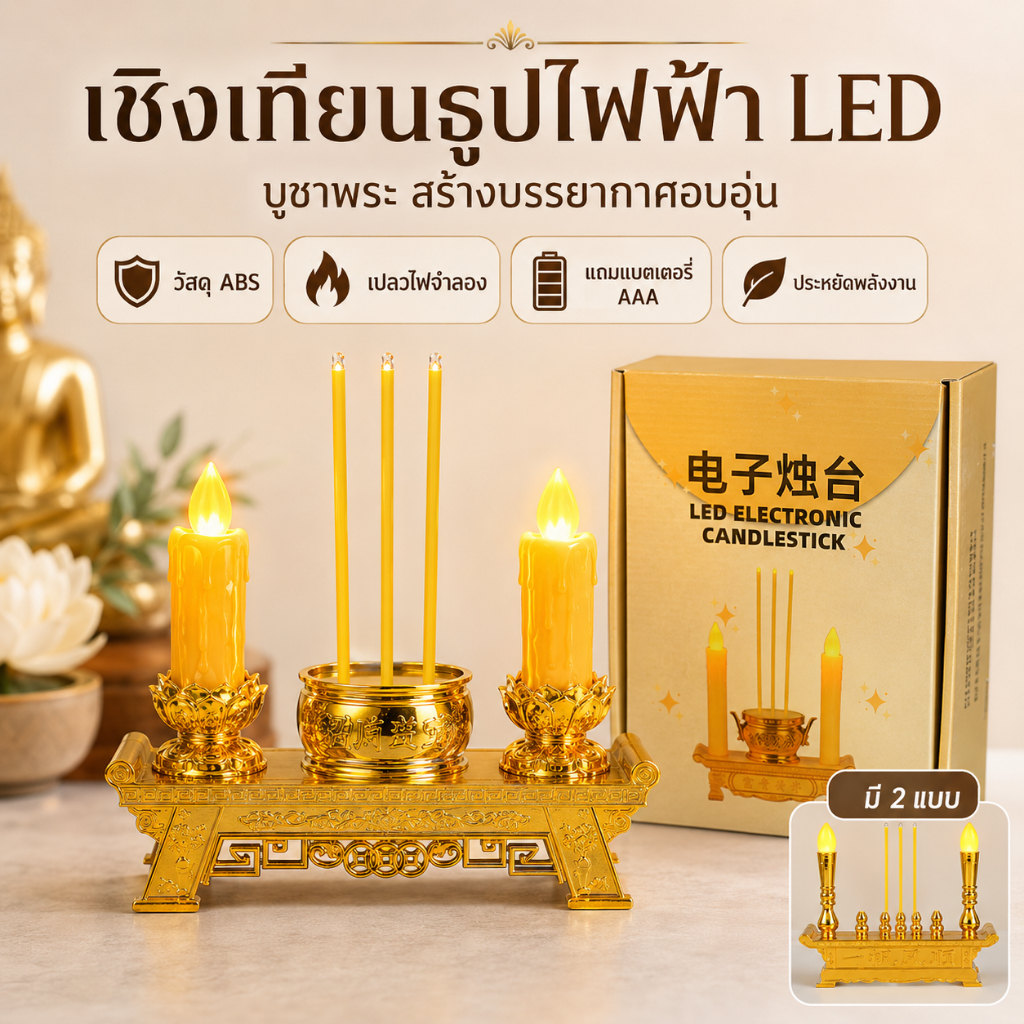 แถมถ่านฟรี กระถางธูปไฟฟ้า เชิงเทียนไฟฟ้า เทียนLED เทียนปลอม เทียนใส่ถ่าน