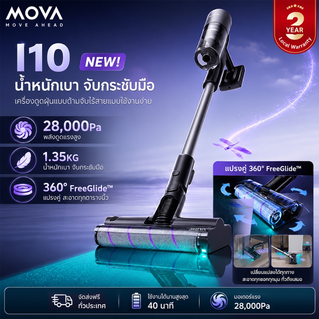 MOVA I10 เครื่องดูดฝุ่นไร้สาย 28kPa 180AW กันขนพัน น้ำหนักเบา นอนราบ 180° ไฟสีน้ำเงิน สำหรับสัตว์เลี้ยง รับประกัน 3 ปี