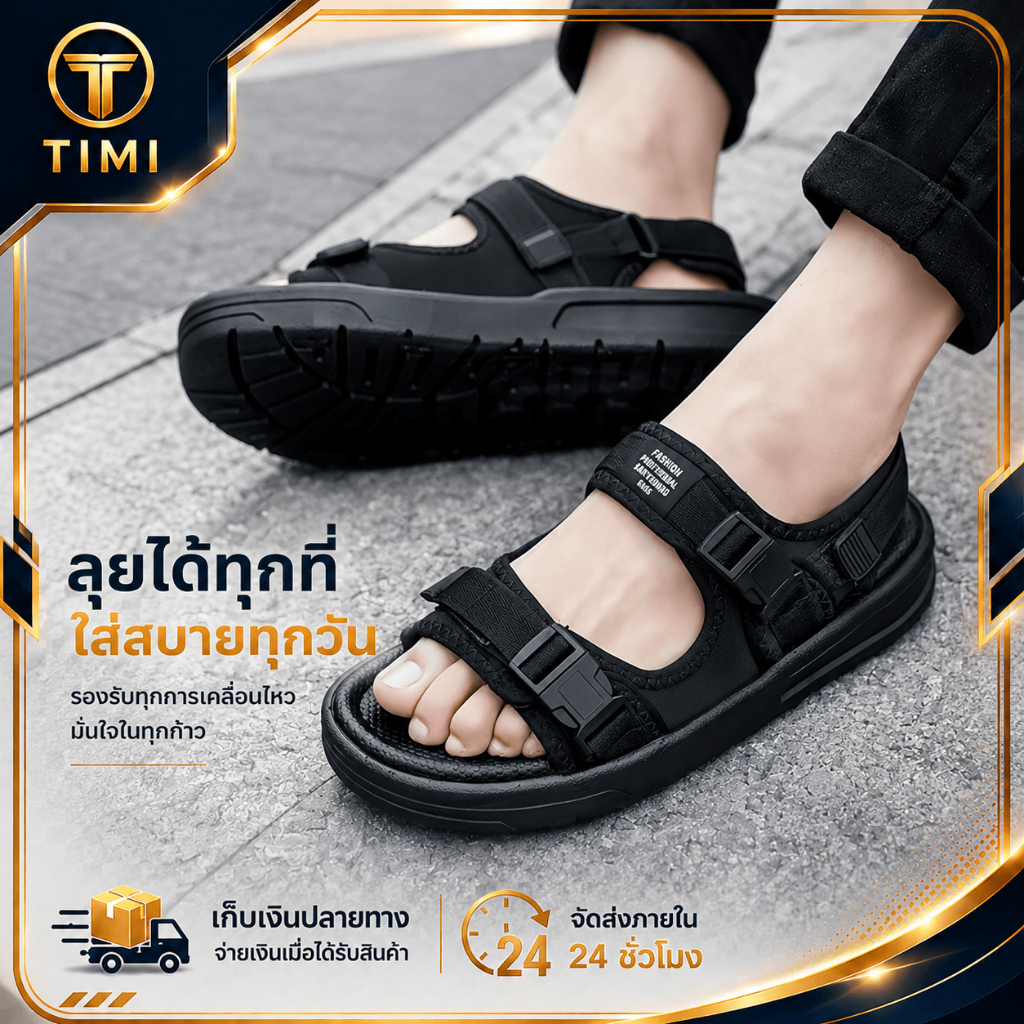 【TIMI】สปอตสินค้า รองเท้าแตะผู้ชาย รุ่นสองสาย ปรับสายแบบตีนตุ๊กแก ใส่สบาย
