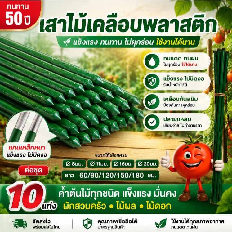 ไม้ค้ำต้นไม้ยาว 60-180ซม วัสดุทำจากเหล็ก เคลือบพลาสติกสีเขียว PE กันน้ำ กันสนิม เสามะเขือเทศ ไม้ค้ำยันต้นไม้ เสาปลูกผั